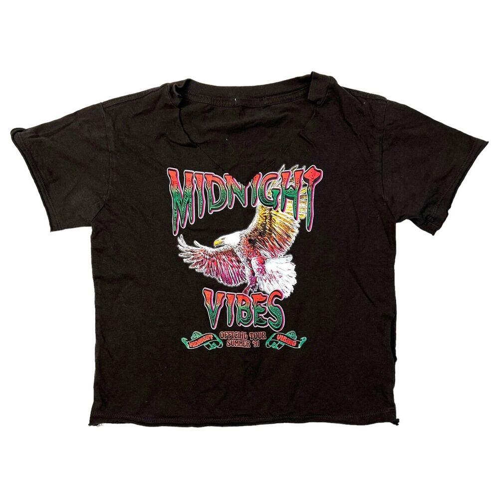 Retro V-Neck Midnight Vibes Tour Cropped Baby Tee T-Shirt Black Womens XS
